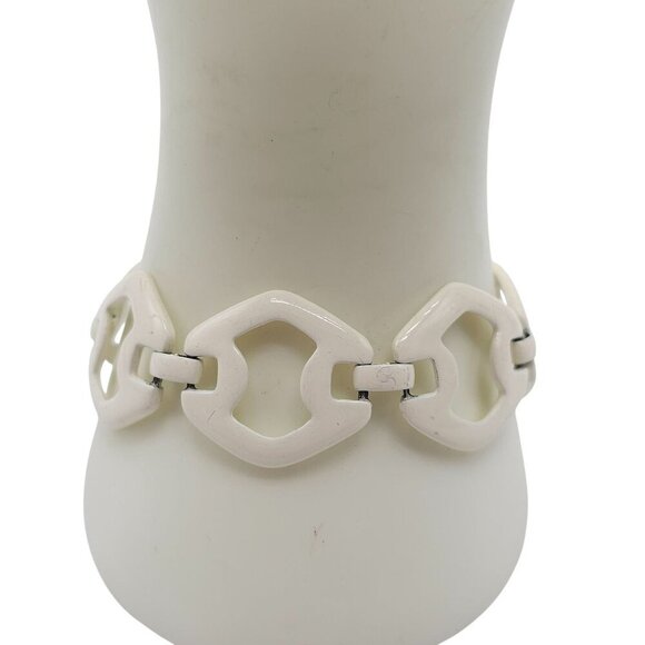 Vintage Off White Enamel Geometric Link Bracelet With Gold Tone Clasp - Picture 1 of 6